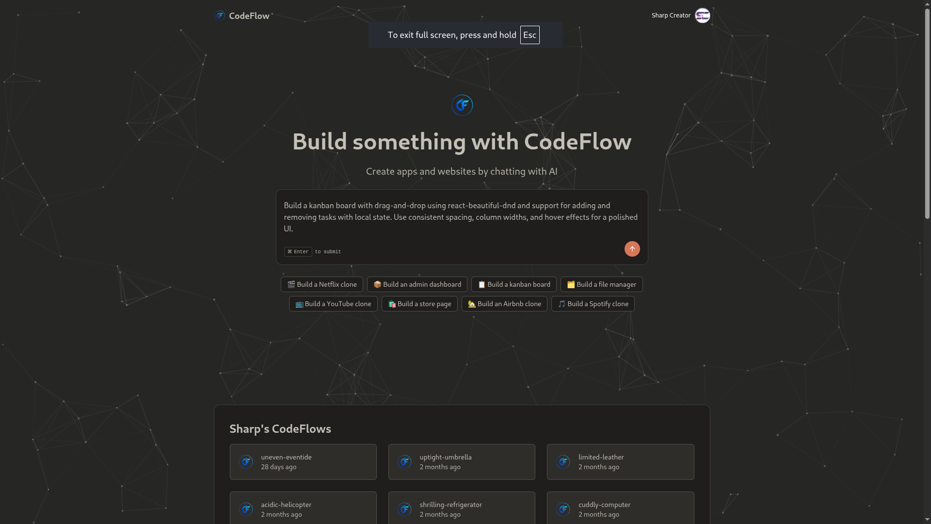CodeFlow landing — prompt input focused with a kanban-board request typed in