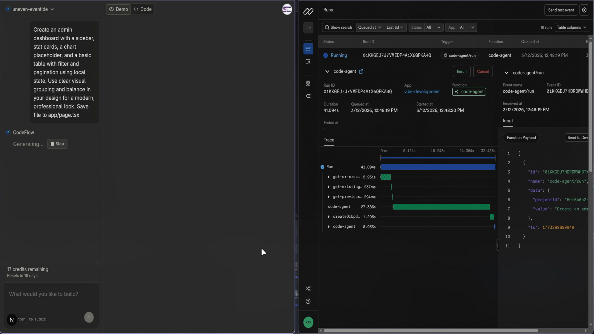 CodeFlow generating an admin dashboard while the Inngest dashboard streams the agent run