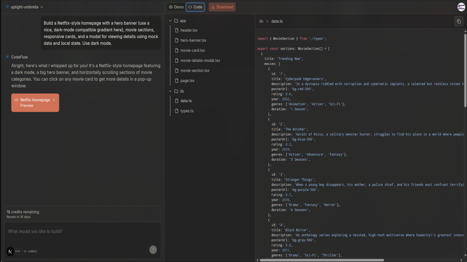 CodeFlow with the file tree and a data.ts source file visible alongside the chat