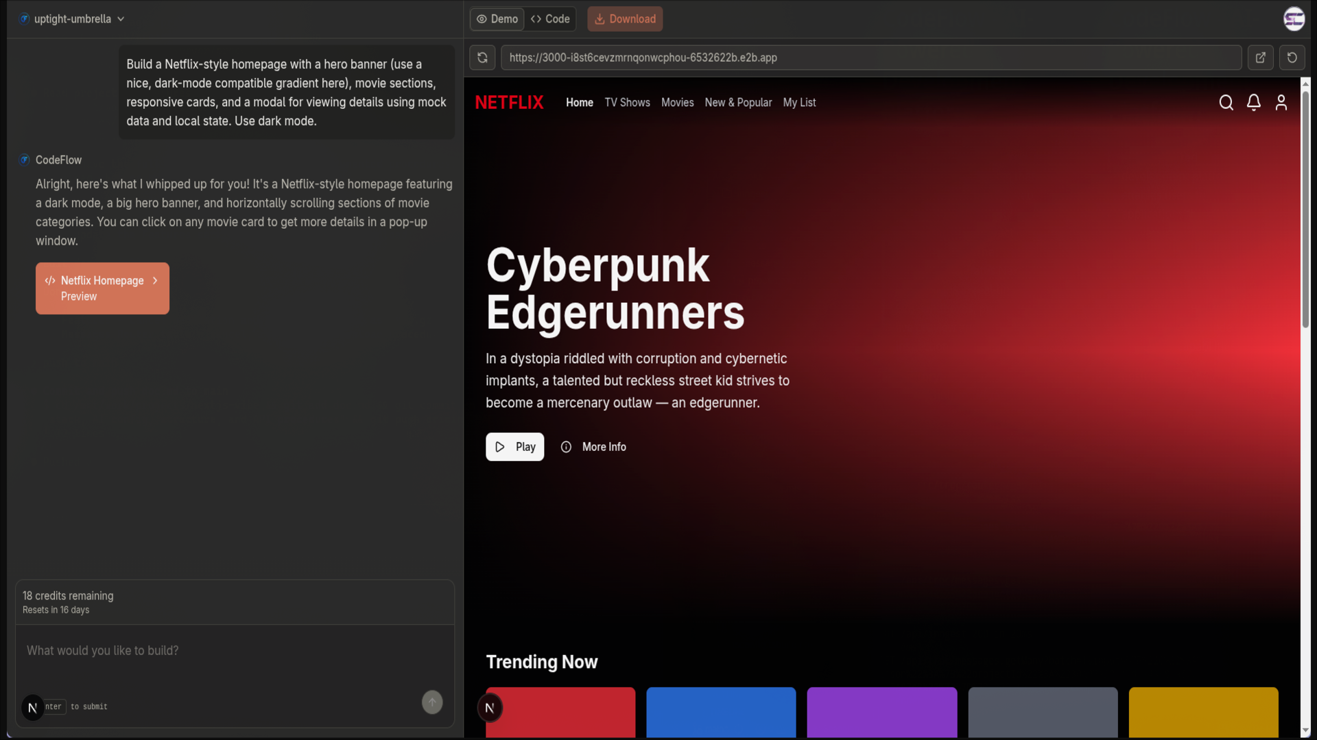 Generated Netflix-style homepage running in the sandbox preview