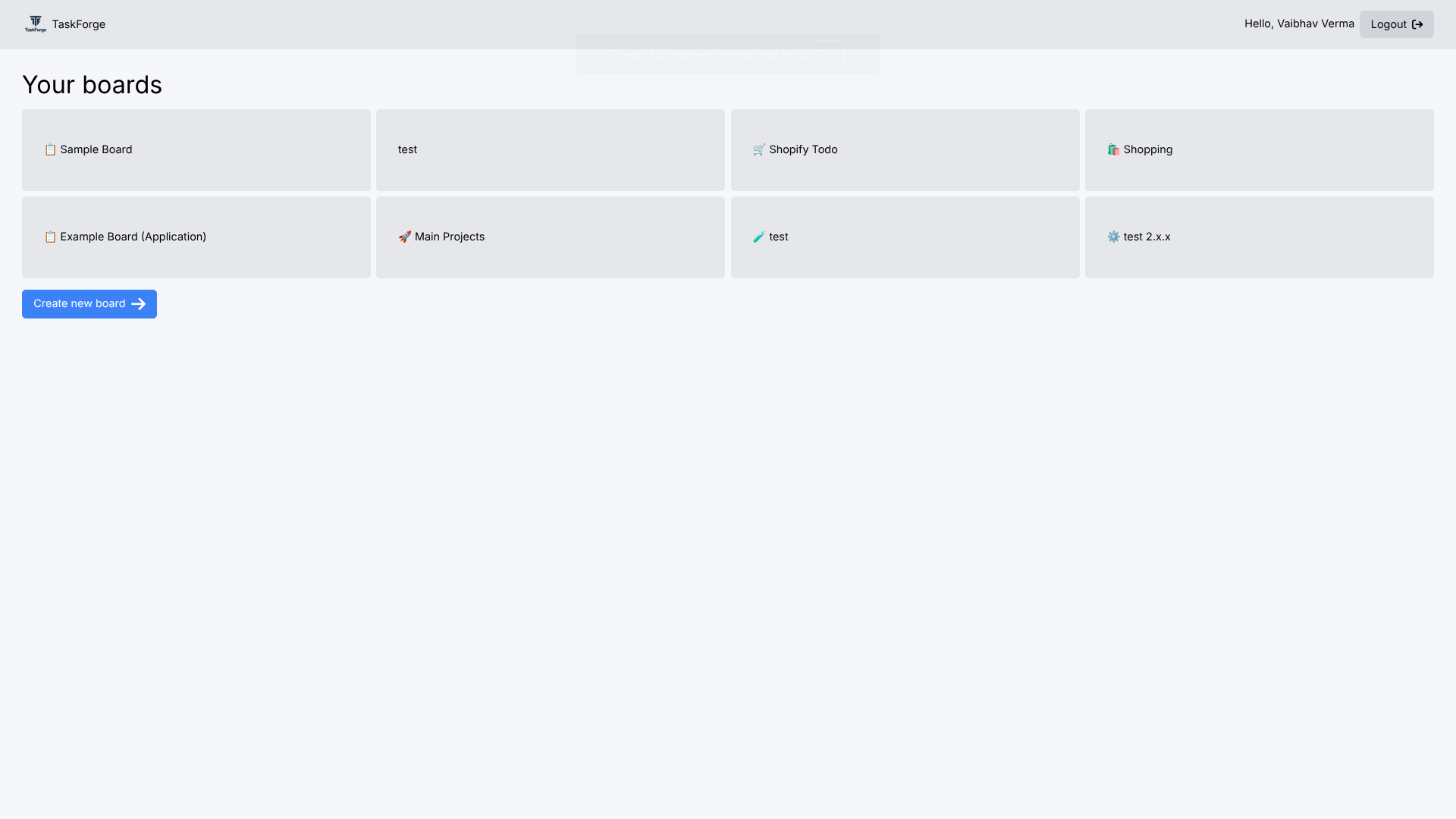 TaskForge boards index — eight project boards with emoji prefixes