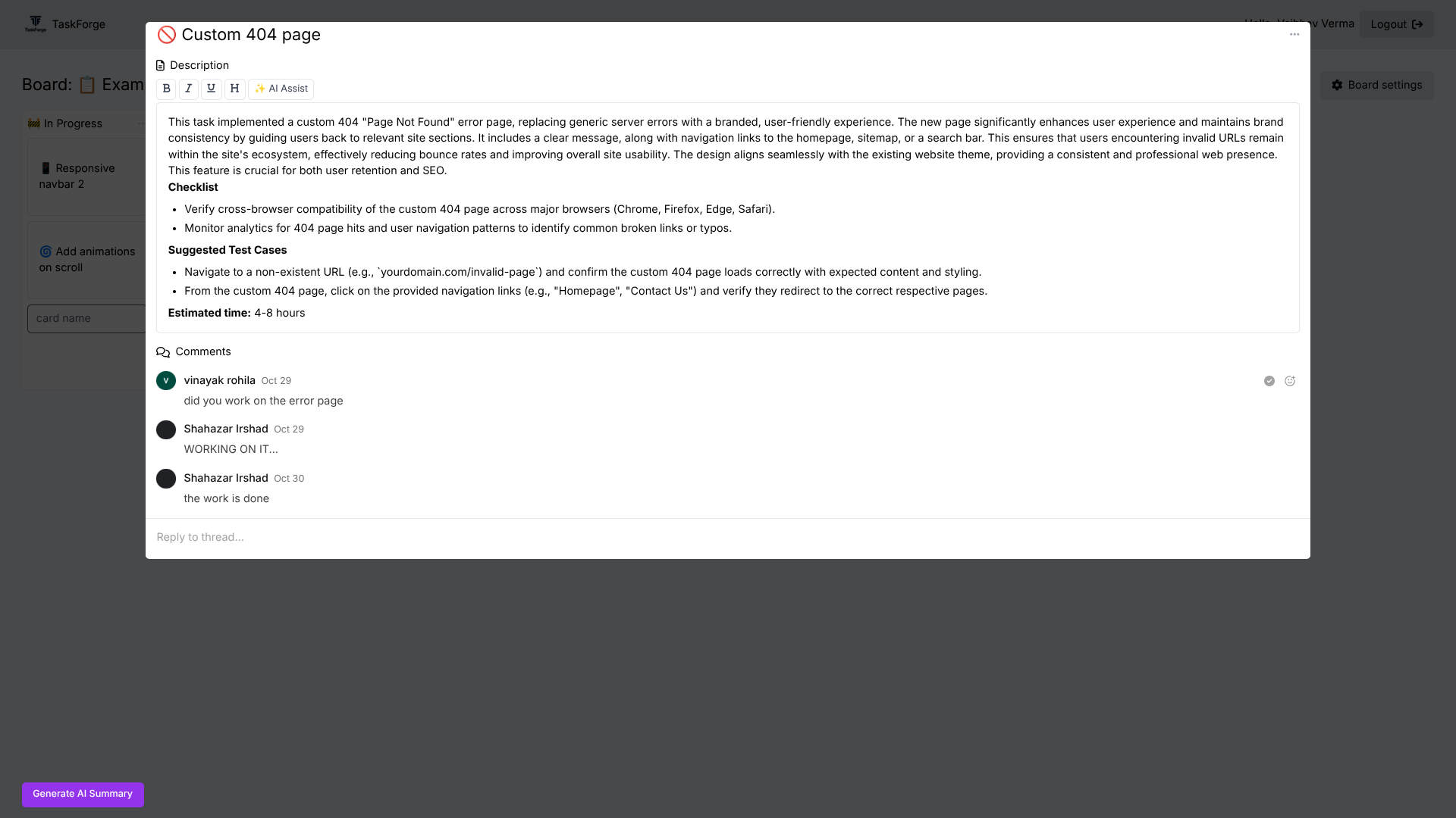 Card modal with rich description, checklist, suggested tests, and threaded comments