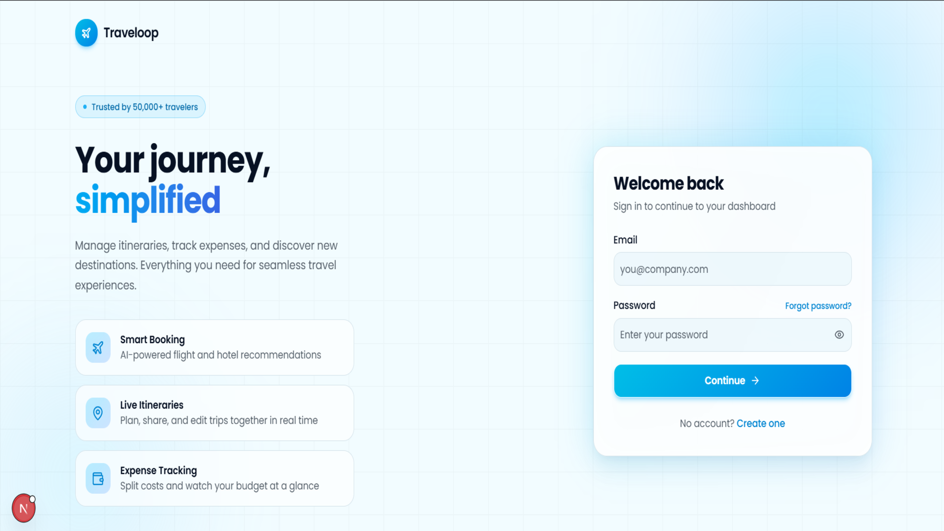 Traveloop sign-in screen with feature highlights on the left and login card on the right